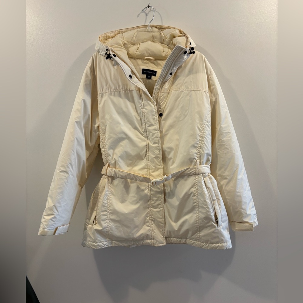 Lands End Goose Down Puffer Parka Coat Womens XL 18-20 Hood, Belt